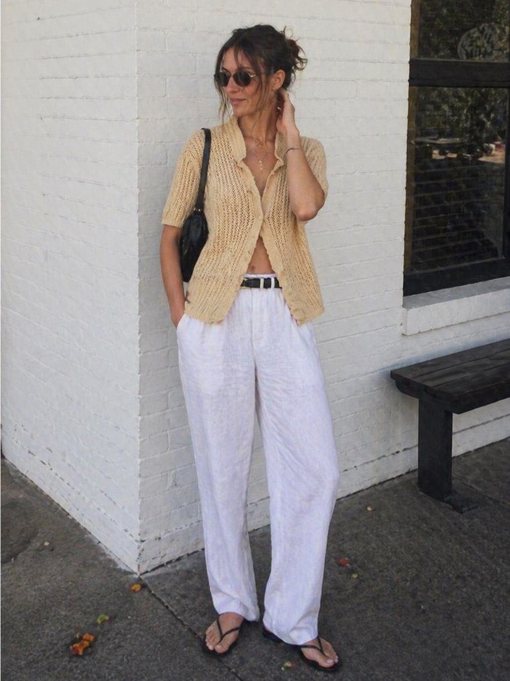 Sandro Beige Open Knit Short-Sleeve Cardigan with Collar